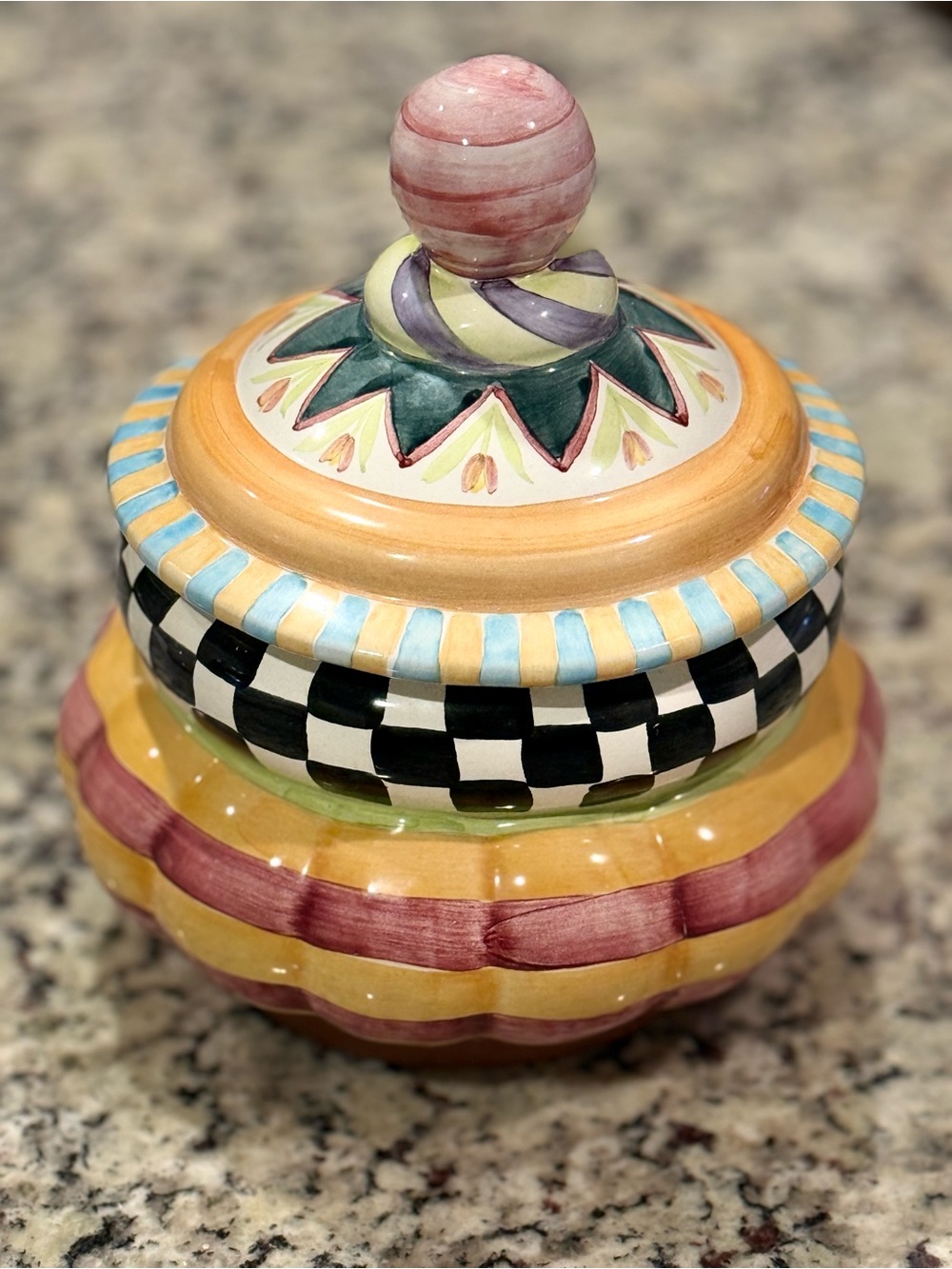 MacKenzie-Childs Multicolor Checkered and Stripe Ceramic Jar- Piccadilly 2008